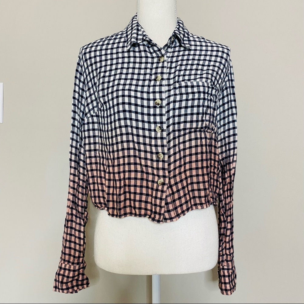 Free People Navy White Pink Gingham Plaid Dip Dye Button Down Shirt Size XS